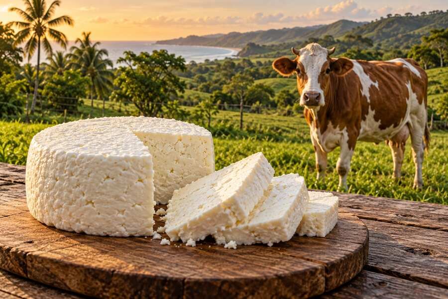 Fresh queso fresco on a wooden table with a dairy cow in a coastal pasture