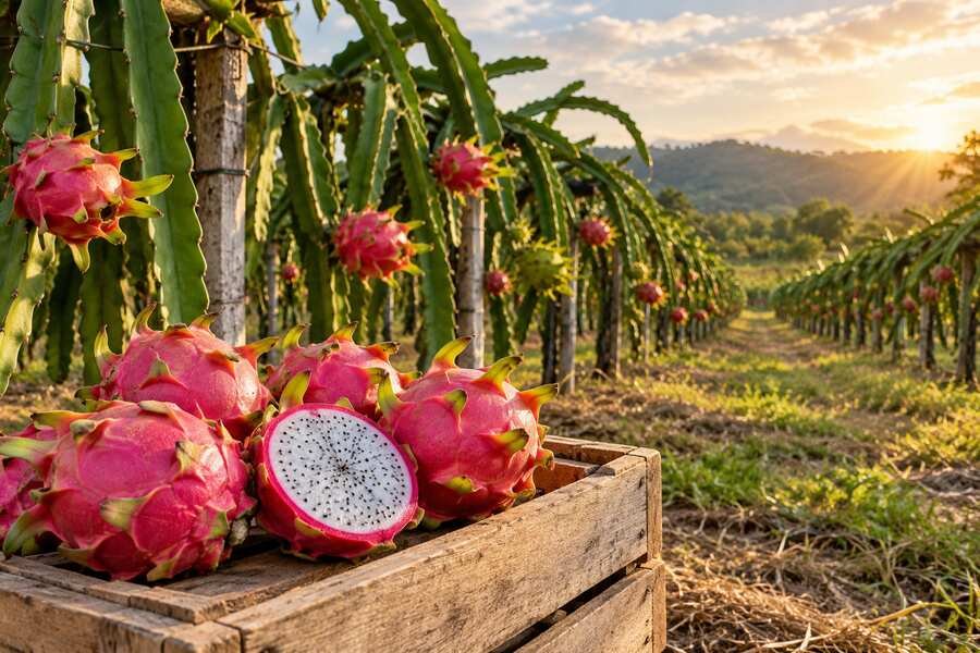Ripe pitahaya fruit in an Ecuadorian orchard at sunset