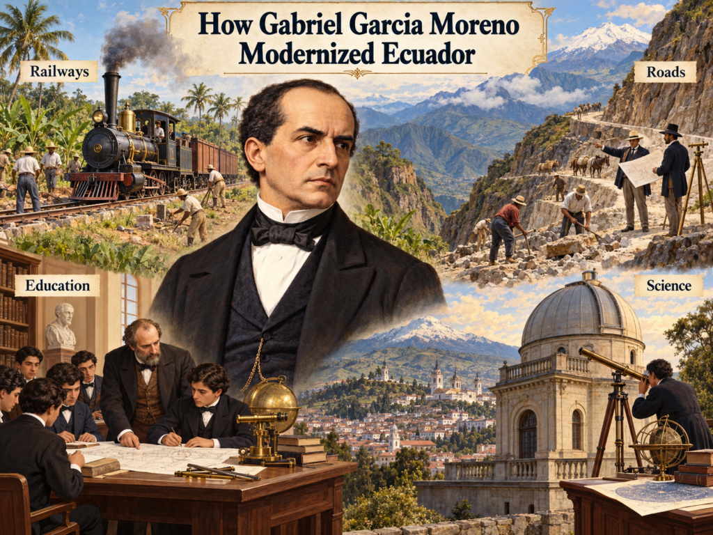 Gabriel Garcia Moreno surrounded by illustrations of railways, road construction, education, and astronomy in Ecuador