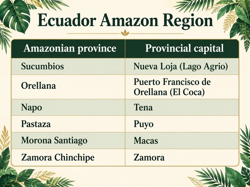 cuador Amazon Region chart showing its six provinces and provincial capitals.